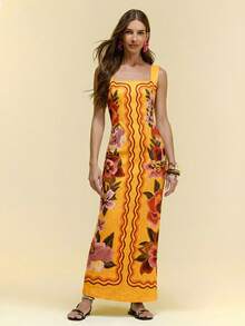 CAJUNI 女士休闲度假热带花卉印花黑色针织中长连衣裙，约会连衣裙，优雅连衣裙 - 黃色 - 查看 3