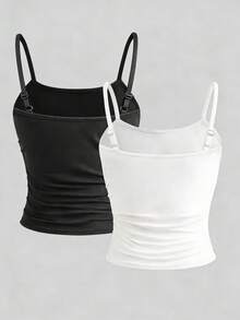 SHEIN 2pcs Tween Girls' Casual Fitted Comfortable Black & White Tank Top Set - Multicolor - View 3