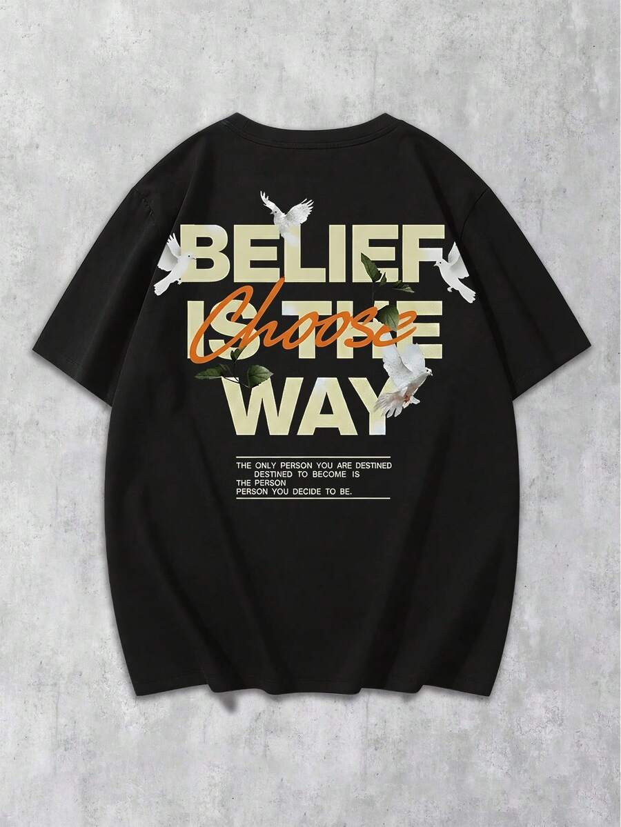 Manfinity LEGND 男士标语鸽子印花圆领短袖休闲T恤 - 黑色 - 查看 1