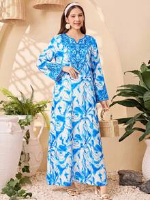 SHEIN Teen Girl Elegant Geometric Pattern Floral Print Notch Neck Long Sleeve Long Maxi Dress - Blue and White - View 7