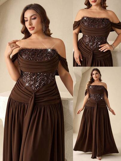 Coutiva Plus Size Off-Shoulder Pleated Fishtail Formal Evening Dress, Elegant And Sophisticated Plus Size Brown Dress Chocolate Brown Dress Plus Size Evening Gown Brown Dresses Classy Elegant Brown Wedding Guest Dress