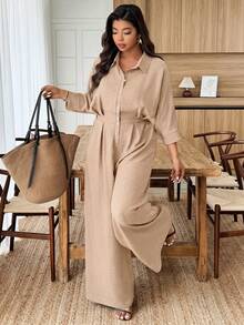 Weeklong Plus Size Women's Collared Jumpsuit With Ruffle Mid-Sleeve, Waist Cinched, Casual & Office Wear - Khaki - View 5
