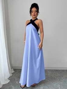 SHEIN Raffinéa Contrast Color Halter Backless Bow Tie Sleeveless Dress, Casual Resort Style For Women - Blue - View 5