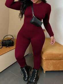 INAWLY Plus Size Women Solid Color Long Sleeve Casual Jumpsuit - Burgundy - View 4