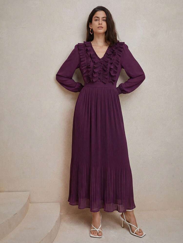 Women's Elegant Romantic V-Neck Ruffle Petal Sleeve Cinched Waist Pleated Dress, Suitable For Spring Dates And Parties