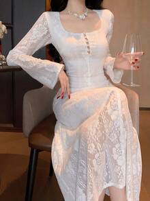 Joudiya Đầm ren trắng họa tiết mùa xuân hè, đầm dự tiệc thời trang, đầm cưới/tiệc chiêu đãi/đầm dạ hội thanh lịch, dáng ôm eo, viền bèo nhún, tay chuông, dài ngang gối dành cho nữ. - trắng - Xem 9