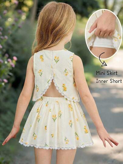 Emery Rose Kids Emery Rose Kids Bộ 2 món áo và chân váy không tay viền ren họa tiết hoa nhí cho bé gái.
