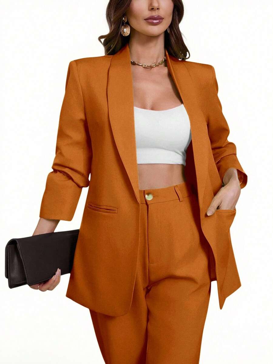 Aveloria Modichic Blazers de manga larga de unicolor con bolsillos - Camel - Ver 1