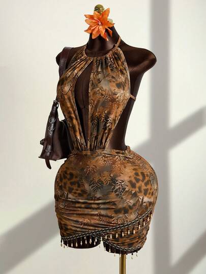 Zestiva Women's Summer Bohemia Floral Graphic Beach Sleeveless Backless Round Metal Halter Decorative Ruched Bodycon Mini Vacation Bohemian Tassel Floral Trim Sexy Dress, Vacation Outfits Women