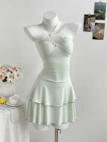 Elamini Y2K风格镂空领系带双层喇叭迷你连衣裙（女款） - 薄荷綠 - 查看 4