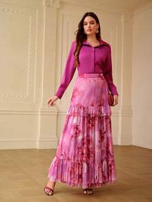 ZEYLAH Romantic Floral Print Ruffle Hem Skirt, Spring/Summer - Purple - View 6