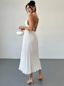 Firerie Vestido midi blanco con espalda descubierta y plisado sexy para vacaciones, sin mangas para el verano - Blanco - Ver 10