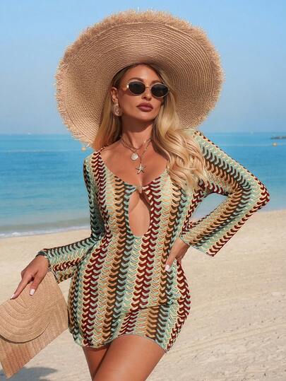 Swim Vcay Women's Deep V-Neck Color Block Flare Hem Casual Vacation Elegant Hollow Out Beach Cover Up Dress