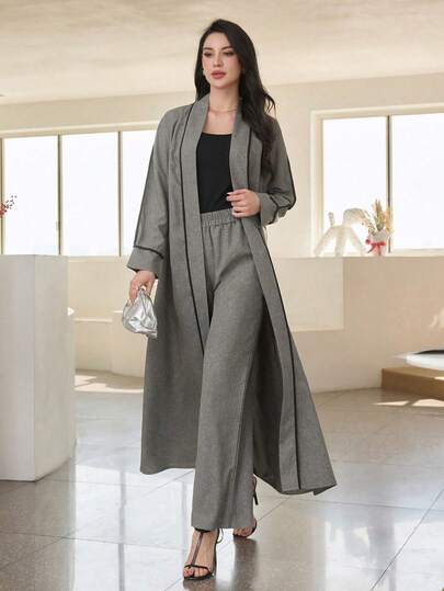 Modelyn 2pcs Twill Weave Loose Open Front Long Cardigan Set, Grey