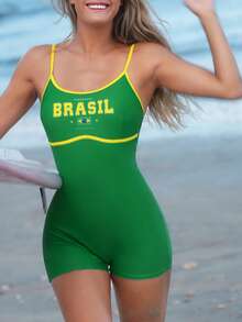 Swim SPRTY Women's New Arrival Green One-Piece Swimsuit, Fashionable Sports Style Backless Slimming Beach Holiday One-Piece Swimwear - Green - View 2