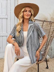 EMERY ROSE Women's Casual Commuter Striped Lapel Short Sleeve Thin Blazer Jacket, Summer - Grey - View 3
