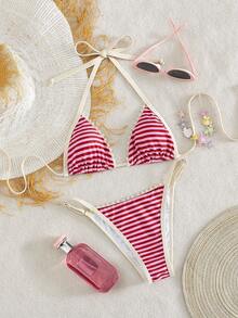 Swim Mod Sweet Cute Hot-Selling New Arrival Elegant Luxury Women's 2pcs Bikini Set; Red & Pink Striped Triangle Bikini Set , Contrast Cream Trim With Delicate Lace Edge,Halter Neck Tie , Y2K Hot Girl Style Swimsuit, Sexy Thong Bottom, Retro Inspired Swimwear Beachwear For Summer Beach Vacation, Pool Party, Sunbathing, Swimming, And Stylish Resort Looks, Music Festival,Mod&Vcay Vibes - Red - View 1