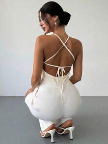 Firerie 女士优雅时尚新款音乐节派对日常假日低领交叉露背系带纹理吊带连体衣，性感露背上衣，杏色纹理面料连体衣，露背系带上衣，夏威夷假日女士连体衣，春夏服装，海滩，通勤，优雅，性感，假日，海滩，波西米亚，夏威夷，音乐节，休闲简约装扮 - 杏色 - 查看 8