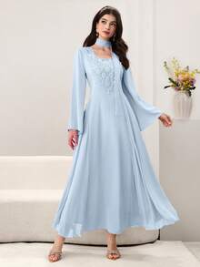 Al Najma Đầm dạ hội nữ cổ chữ V, đính cườm, thêu hoa, xếp nếp, phối lưới, ôm sát, tay dài, dáng xòe thanh lịch, màu hồng. - Màu xanh lam - Xem 7