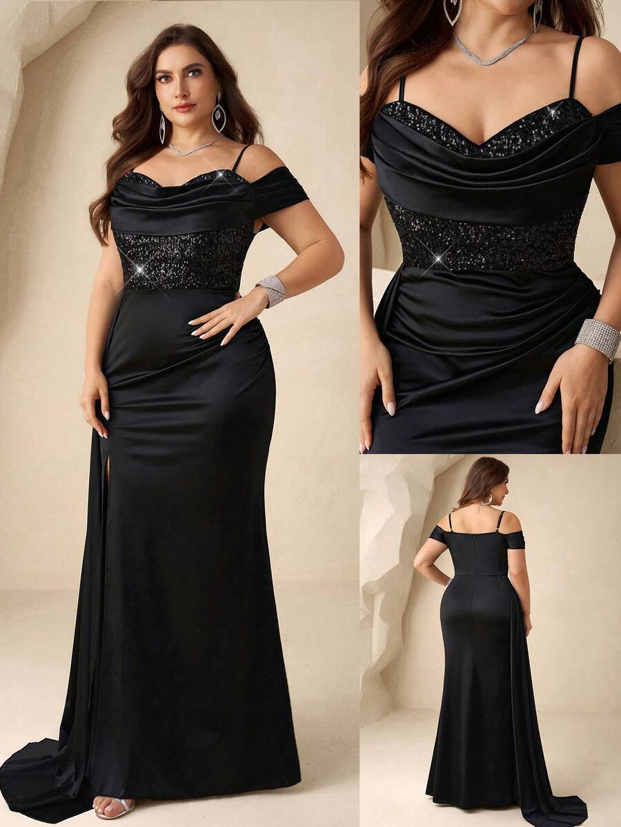 Coutiva Đầm dạ hội cỡ lớn dành cho nữ, màu trơn, đính sequin, kiểu trễ vai.