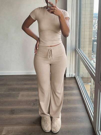 INAWLY 夏季休闲纯色短袖T恤和裤子两件套