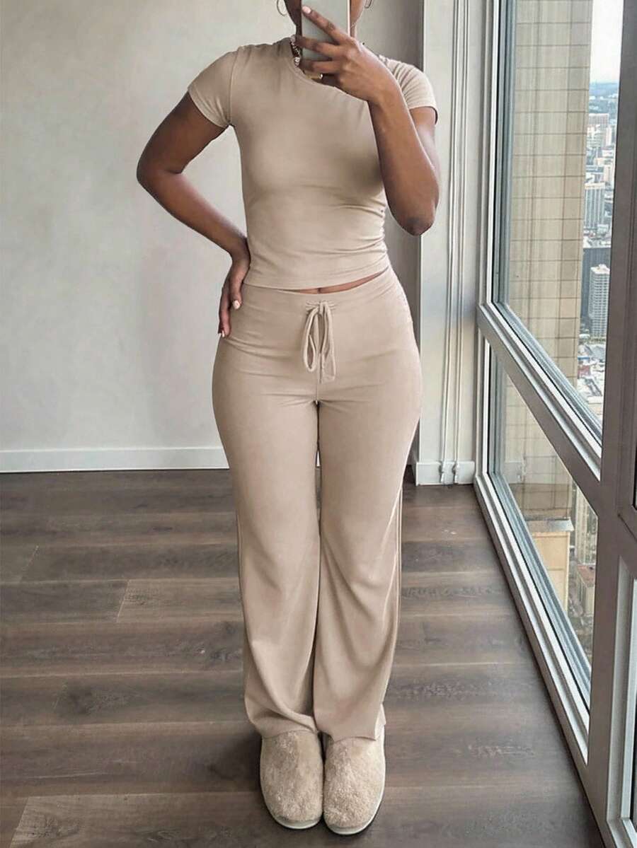 INAWLY Solva 2pcs/Set Summer Casual Solid Color Short Sleeve T-Shirt And Pants - Beige - View 1