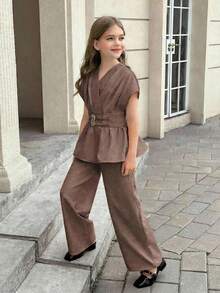 SHEIN Tween 女童宽松落肩双层腰带衬衫上衣和裤子两件套，优雅 - 卡其色 - 查看 4