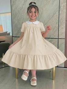 SHEIN Tween Girl Loose Elegant Peter Pan Collar Contrast Color Pearl Button Decor Dress Tween Girl - Apricot - View 4