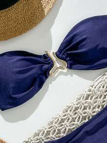 Swim Mod 春假女士纯色挂脖金属装饰性感系带两件式比基尼泳衣套装 - 藍色 - 查看 3