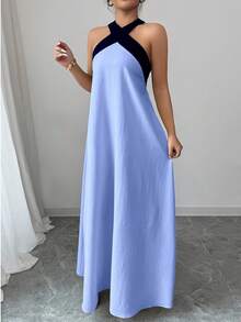 SHEIN Raffinéa Contrast Color Halter Backless Bow Tie Sleeveless Dress, Casual Resort Style For Women - Blue - View 3