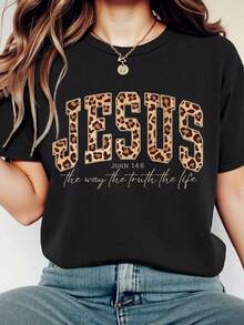 EMERY ROSE Vintage Leopard Print JESUS Faith Print Casual Plus Size T-Shirt - Black - View 1