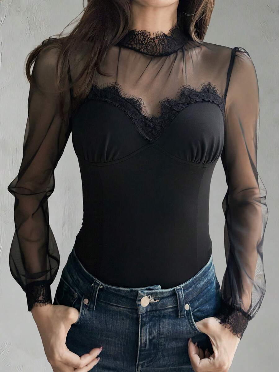 DAZY Spring & Summer Lace Collar Lace Patchwork Sheer Mesh Hollow Out Black Lace Blouse, Cropped Top, Elegant For Valentine's Day, Wedding, Party, Formal Occasion, Slim Fit, Thin Mesh Long Sleeve Ladies T-Shirt - Black - View 1