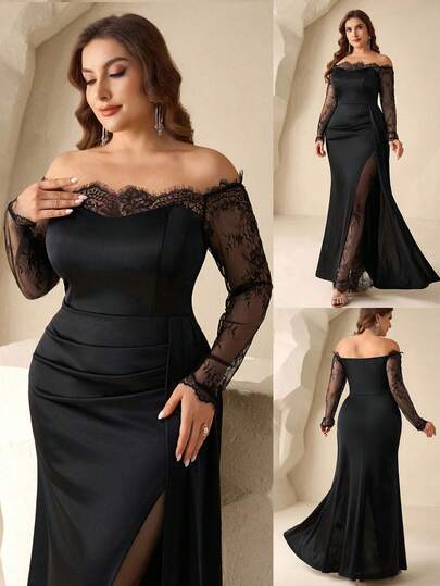 Coutiva Plus-Size Solid Color Lace-Trimmed Off-The-Shoulder Elegant Long-Sleeved Formal Evening Dress (Heavy-Work Style) Black Off Shoulder Formal Dress Long Black Formal Dress Off Shoulder Long Sleeve Dress Elegant Long Sleeve Dress Black Evening Gown Black Evening Gowns Formal Long Black Elegant Dress Long Sleeve Formal Dress Sexy Elegant Dress