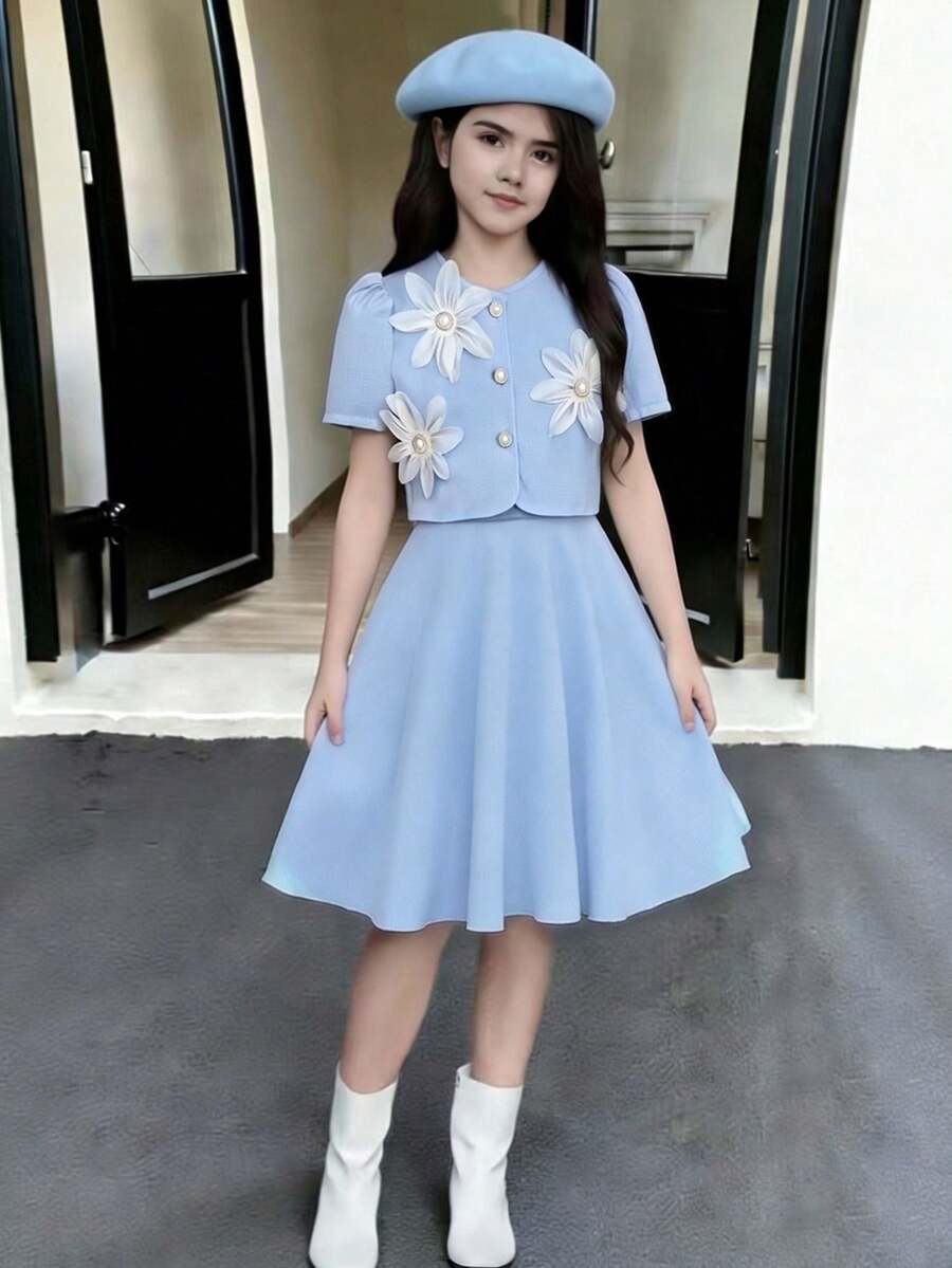 SHEIN Bộ áo khoác tay phồng họa tiết hoa và váy cho bé gái tuổi teen, thích hợp mặc mùa hè. - Màu xanh lam - Xem 1