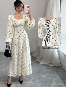 Modelyn Women's Apricot Bow Print Woven Cinched Waist Long Sleeve Elegant Dress - Apricot - View 3