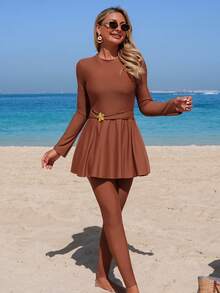 Swim Mulvari Coffee Color Knit Ruched Waist 2 Pieces Set, Slimming & Flattering For Vacation & Surfing - Coffee Brown - View 4
