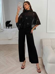 Elenzga New Elegant Sheer Sequin Chiffon Pearl Sequin Capelet Top + Fashionable Adjustable Strap Flared Zipper Jumpsuit Two Pieces Set, Women's Suit, Suitable For Fashionable Female Styling - Black - View 1