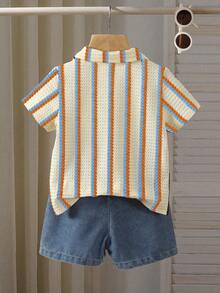 SHEIN Playful Pals 男婴休闲短袖衬衫搭配破洞牛仔裤 - 彩色 - 查看 2