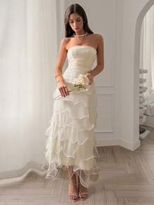 Elenzga 法式优雅荷叶边鱼骨纹无肩带连衣裙，高端优雅明星派对薄纱礼服 - 米色 - 查看 3