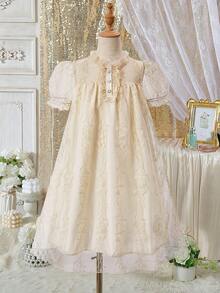 Glamorique Tween Girl Girls Elegant Lace Trim Puff Sleeve Cinched Waist Apricot Princess Dress, Summer - Apricot - View 5