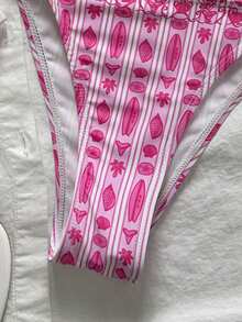 Swim Mod Women's 2-Piece Bikini Set Set, Sweet Pink Floral & Striped Print, Lace Trim Halter Neck Bikini Swimwear Set, Summer - Pink - View 5