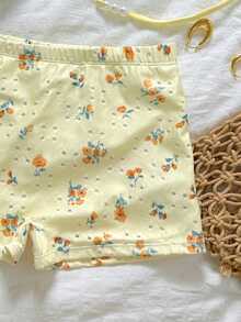 Swim Mod 女士夏季花卉镂空面料挂脖三角杯珍珠装饰泳衣套装，配系带泳裤 - 黃色 - 查看 7