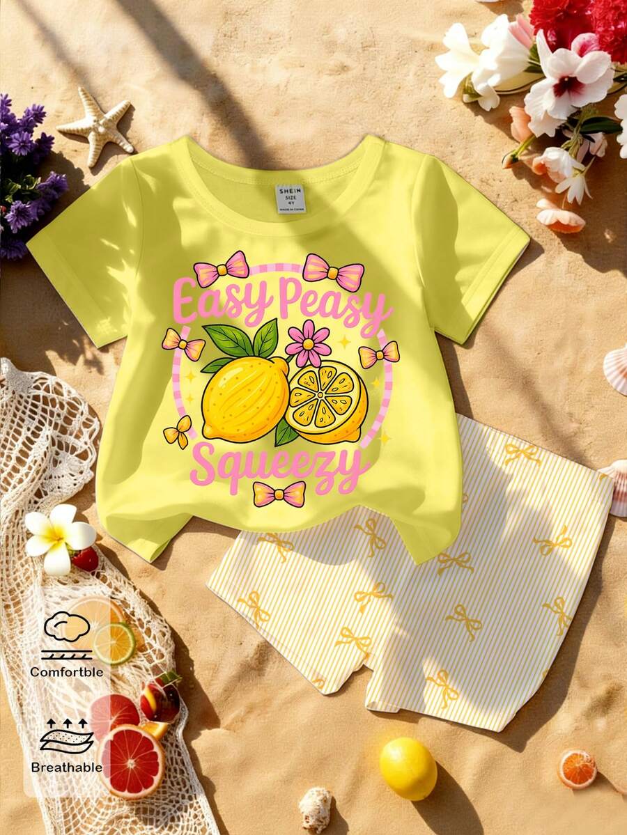 SHEIN Baby Girls Spring And Summer Casual Fashion Creative Personalized Refreshing Cute Minimalist Lemon Flower Yellow Pink Bow Star Yellow Striped Pattern Letter Slogan Print Casual Basic Short T-Shirt + Bike Shorts Set, Comfortable Daily Wear, Suitable For Spring, Summer And Autumn For Baby Girls - Multicolor - View 1
