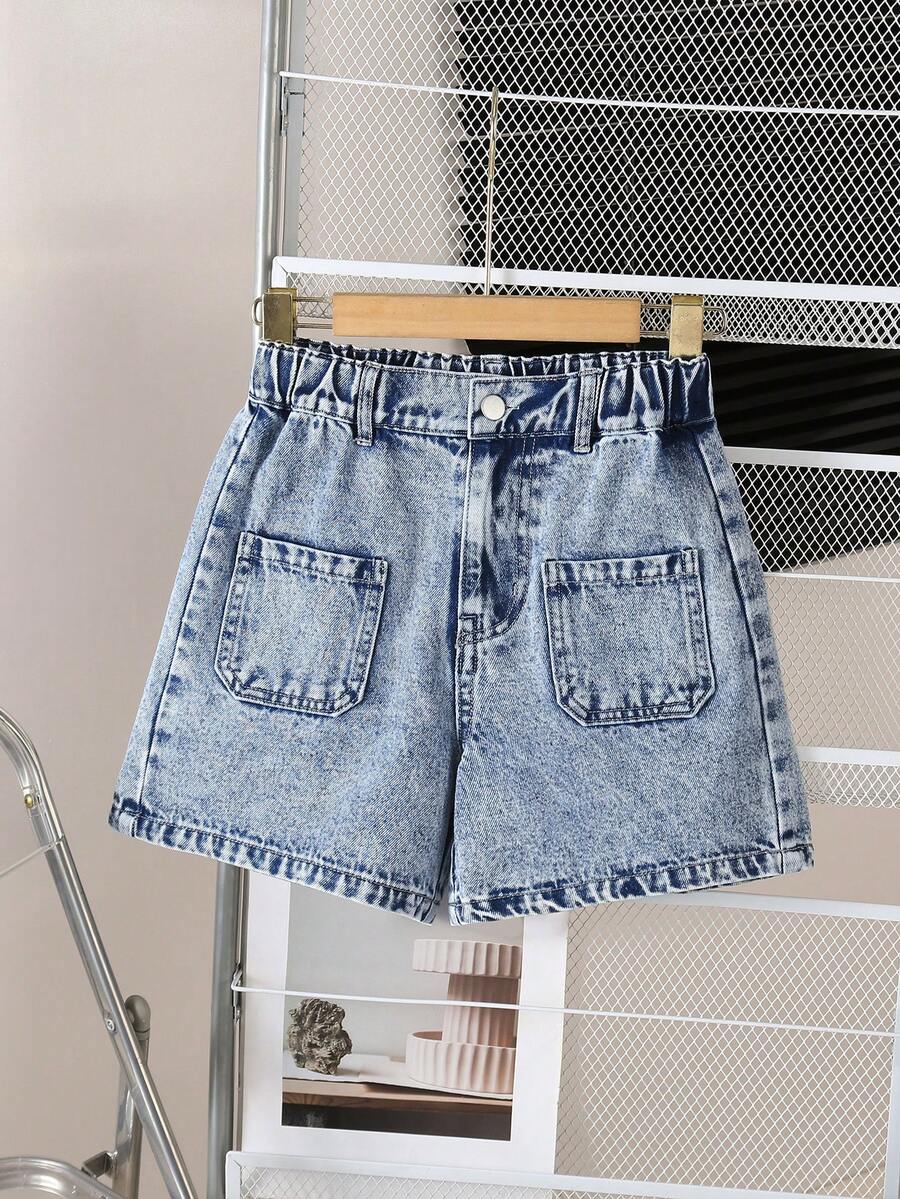 Celana Pendek Denim Retro untuk Anak Perempuan Remaja, Biru Muda, Kasual Musim Panas, Sekolah, Lembut, Longgar, Potongan Lurus, Desain Dua Saku di Depan, Nyaman untuk Pakaian Luar Sehari-hari - Medium Wash - View 1
