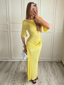Siren Gaze 女士黄色蝙蝠袖露背连衣裙 - 鵝黃色 - 查看 6