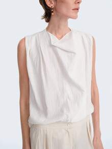Selianne Women's Solid Color V-Neck Asymmetrical Hem Casual Versatile Daily Wear Blouse - White - View 6