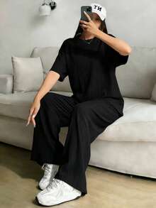 Conjunto informal de dos piezas, elegante traje bohemio de verano para mujer, de talla grande, con top holgado y pantalones anchos holgados. - Negro - Ver 1