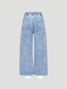 SHEIN ChillGRL 少女水钻装饰牛仔裤，直筒宽松版型，Y2K风格，休闲、工作、度假皆宜 - 水鴨藍 - 查看 3