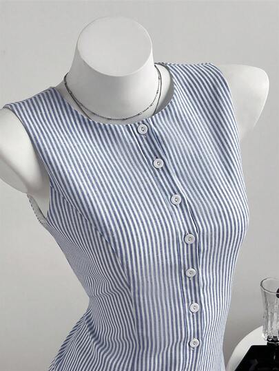 Elamini Women's Blue Striped Sleeveless Waist Cinched Mini Dress, Casual Versatile, Suitable For Beach Vacation