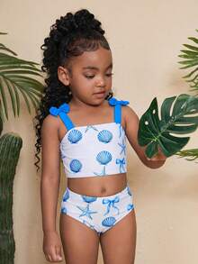 SHEIN 两件套少女几何图案针织泳衣套装 - 藍色 - 查看 6